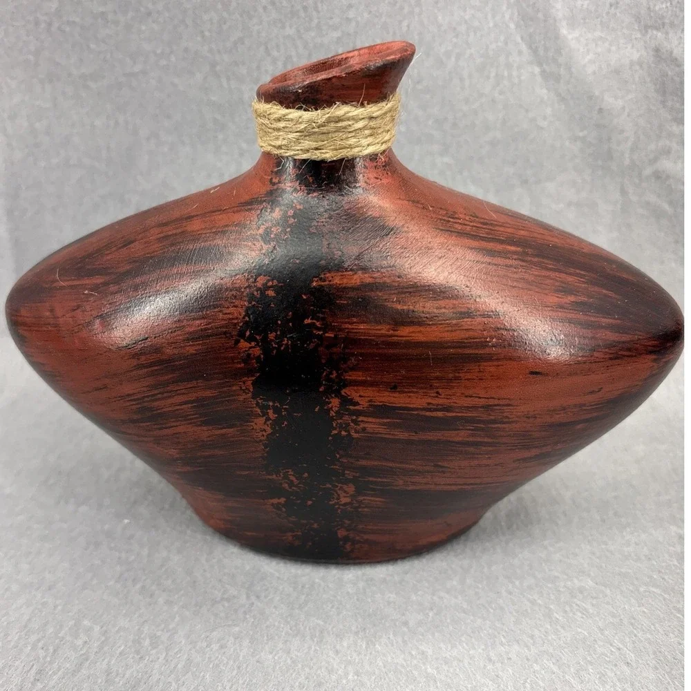 Vintage Chinese Ceramic Bud Vase Hand Crafted Black Red Glossy Paint Splash 7.5